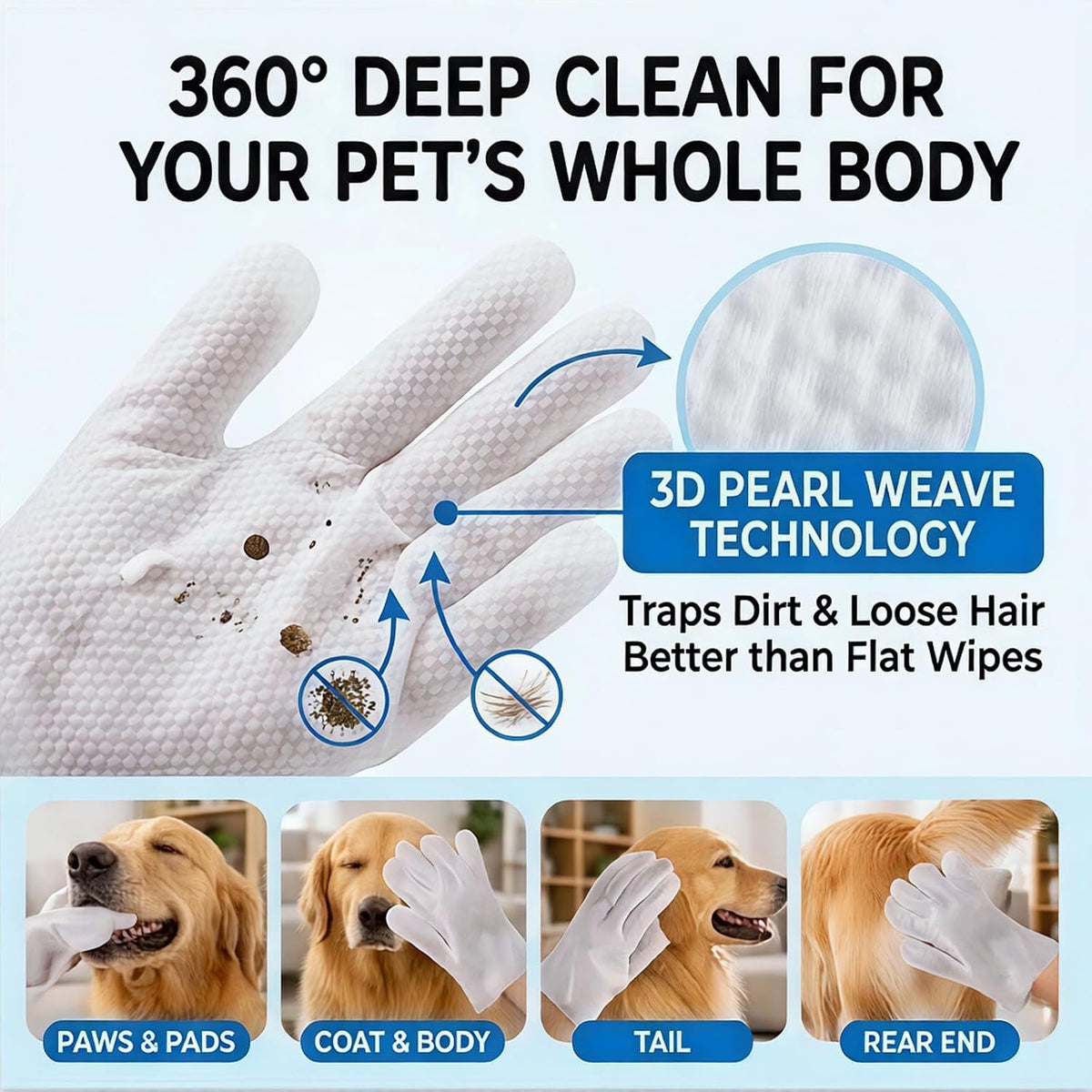 Pet Cleansing Glove Wipes for Dogs & Cats, 20 Count Hypoallergenic No-Rinse Pet Grooming Wipes with Aloe Vera, Thick & Durable Cleaning Gloves for Paws, Coat & Body, Ideal for Home & Travel