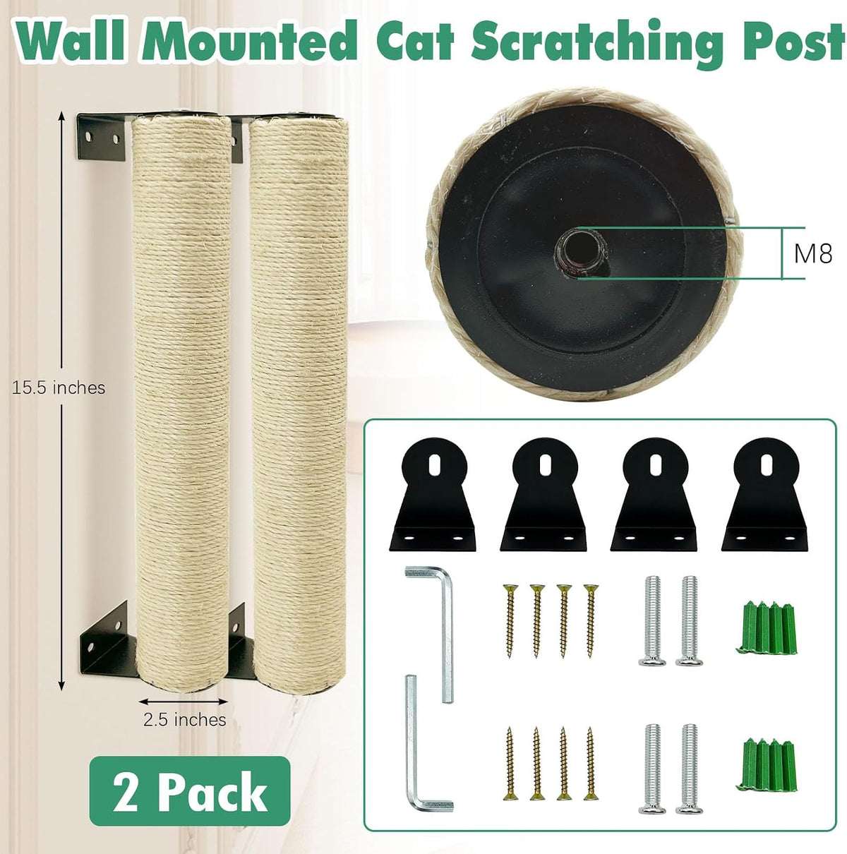 Wall Mount Cat Scratcher 16 Inches Scratching Posts for Cats 2 Pack