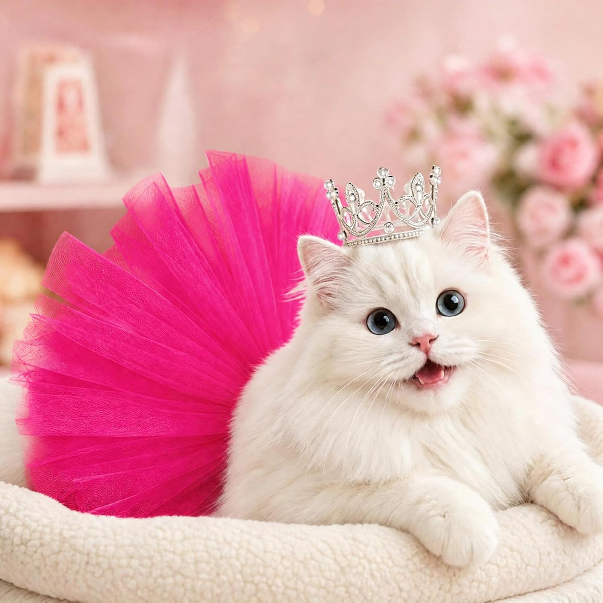 Pet Costume Set Tutu Skirt with Pearl Crown for Small Dog Cat Halloween Birthday Wedding Photo Prop Costume (Rose Red)