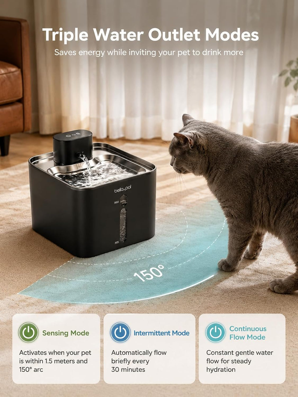 BELLA & PAL Wireless Cat Water Fountain: 122oz Stainless Steel, 3 Flow Mode