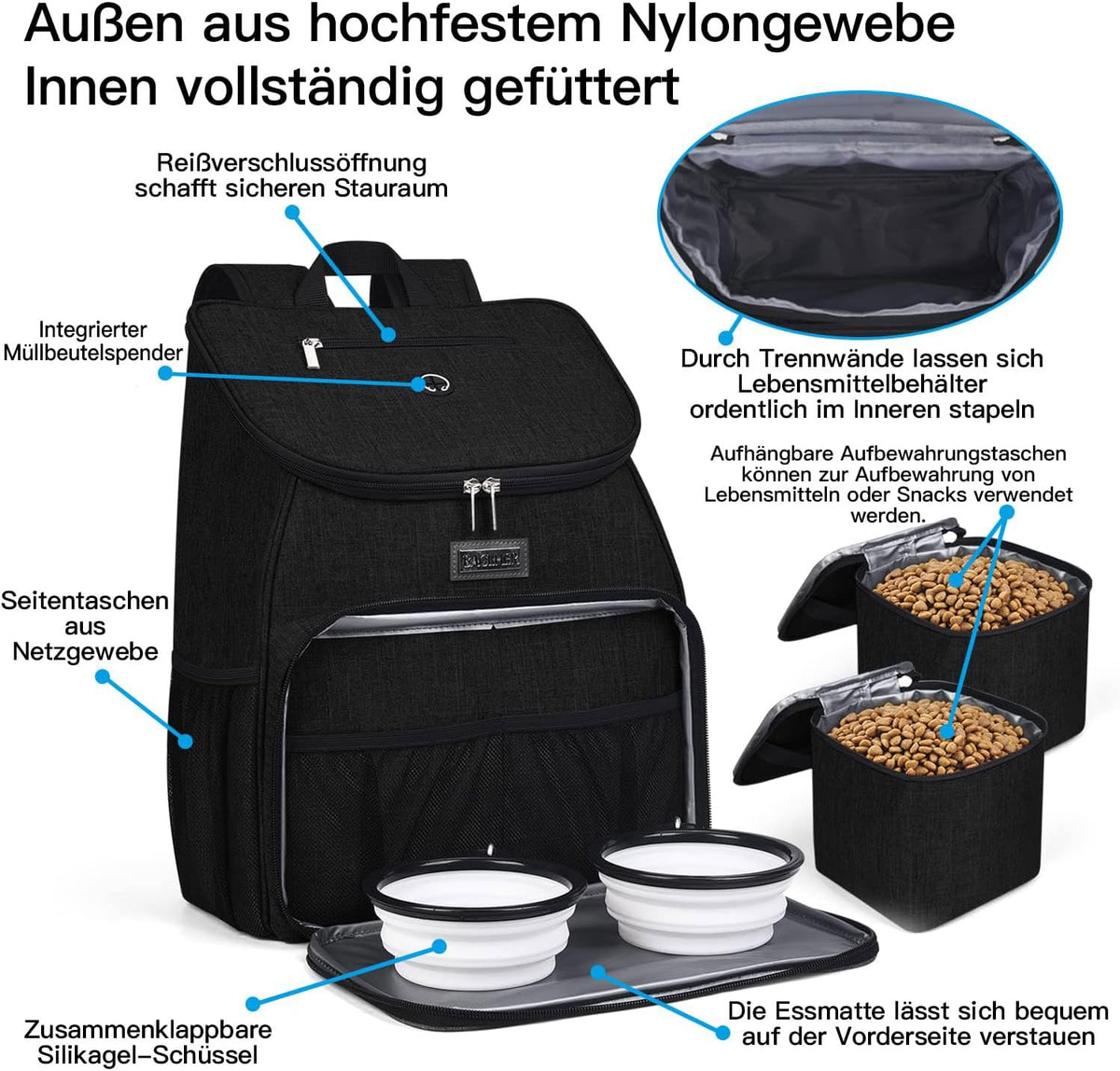 BAGLHER丨Dog Travel Bag, Airline Approved Pet Supplies Backpack, Dog Travel Backpack Accessories Set with 2 Silicone Collapsible Bowls and 2 Food Baskets. Black