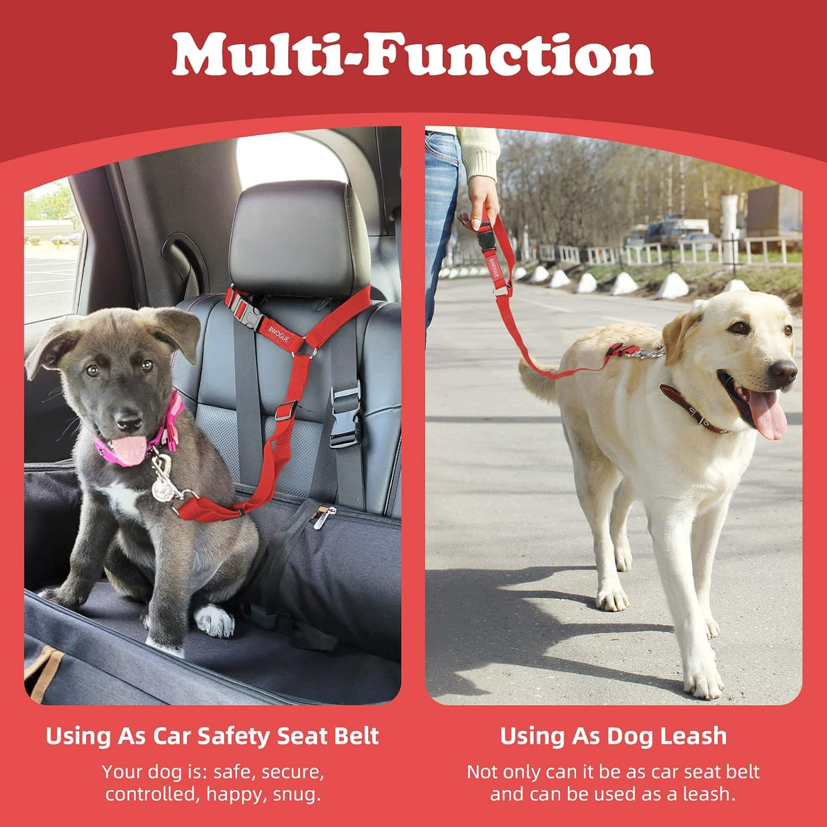BWOGUE 2 Pack Dog Seat Belt for Car, Headrest Restraint Safety Strap, Red