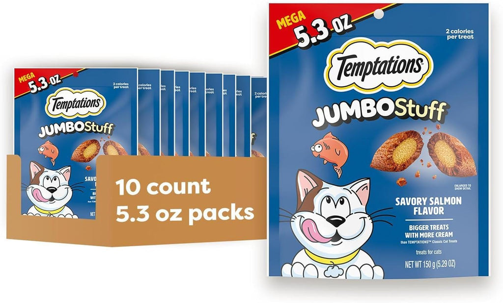 Temptations Jumbo Stuff Crunchy & Soft Cat Treats, Salmon, 5.3 oz, 10 Pack
