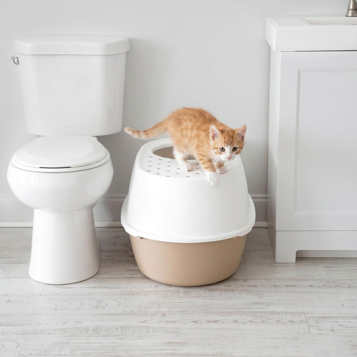 IRIS USA XX-Large Top Entry Cat Litter Box, Dog Proof, Beige/White | Extra Large, Heavy Duty Plastic, Big Cats, Secure 4-Buckle Lock, Tracking Control Lid, Quick Cleanup
