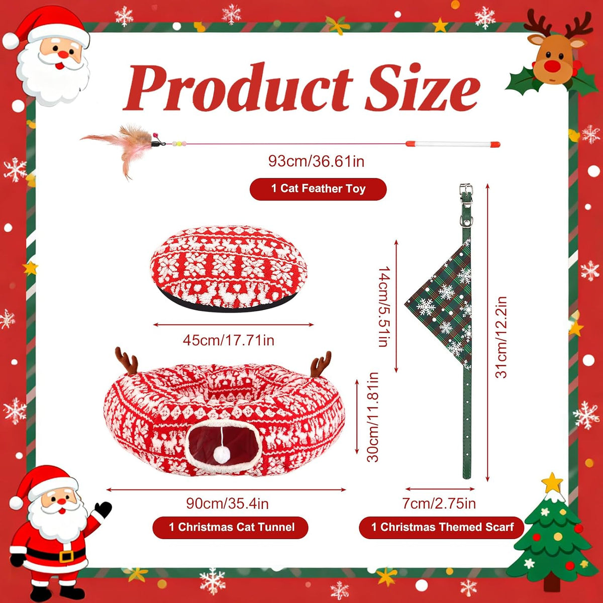 Cat Tunnel Bed Under Christmas Tree 35.4" Festive Circle Cat Tunnel with Feather Toys Adjustable Bibs Foldable Holiday Decorative Pet Cave for Indoor Cats Small Animals Fits Under Tree Skirt
