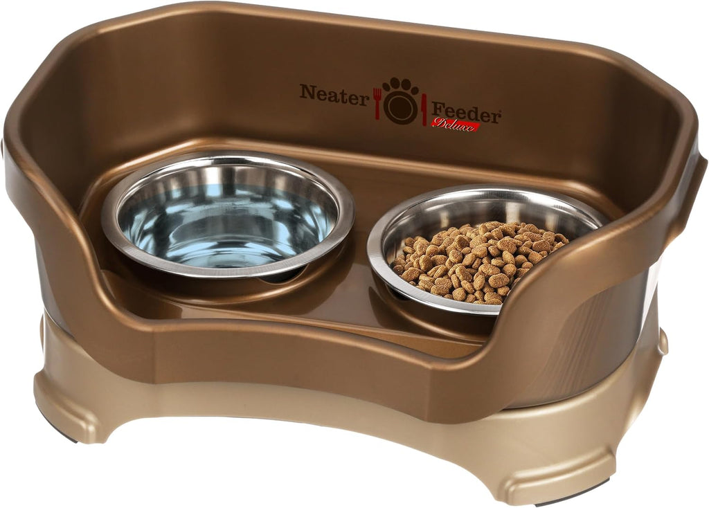 Neater Pet Brands Neater Feeder Deluxe Mess Proof Cat Bowls Elevated, Made in USA, No Spill Raised Bowls for Indoor Cats, Stainless Steel Food and Water Bowl Set, Pet Dish Feeding Station, Bronze 