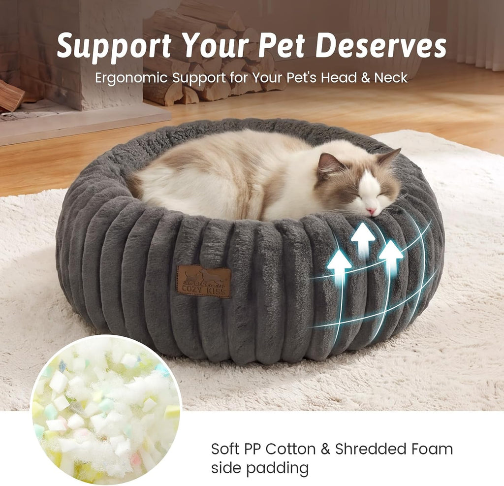 COZY KISS Calming Cat Bed, Donut Kitten Bed, Small Round Dog Bed 23in Grey