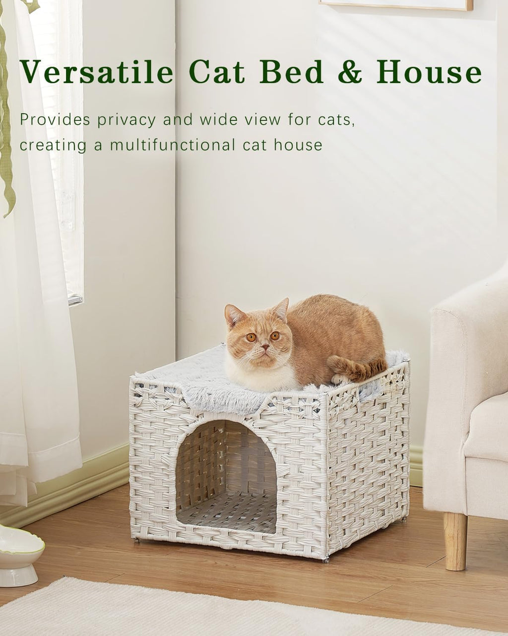 SETVSON Cat Beds Indoor Kitten House, Handwoven Rattan Cave, White
