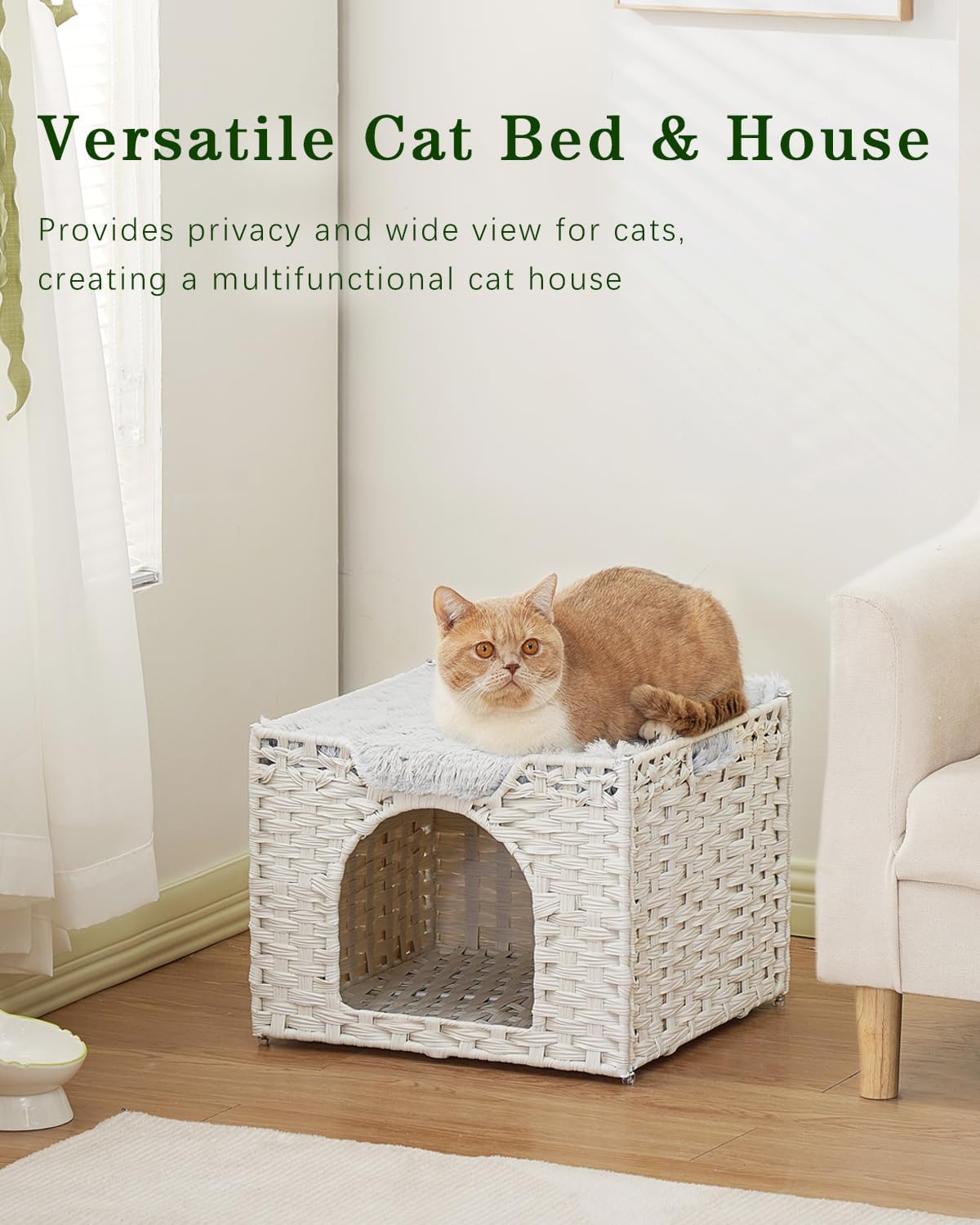 SETVSON Cat Beds Indoor Kitten House, Handwoven Rattan Cave, White