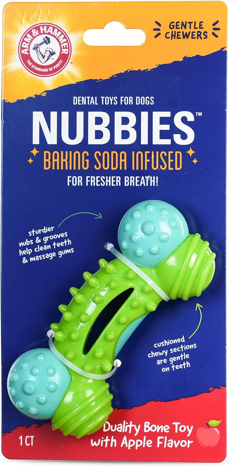 Arm & Hammer Nubbies Duality Bone Dental Dog Chew Toy, Apple Flavor | Nylon and TPR construction, baking soda infused, reduces plaque and tartar buildup, ideal for moderate chewers