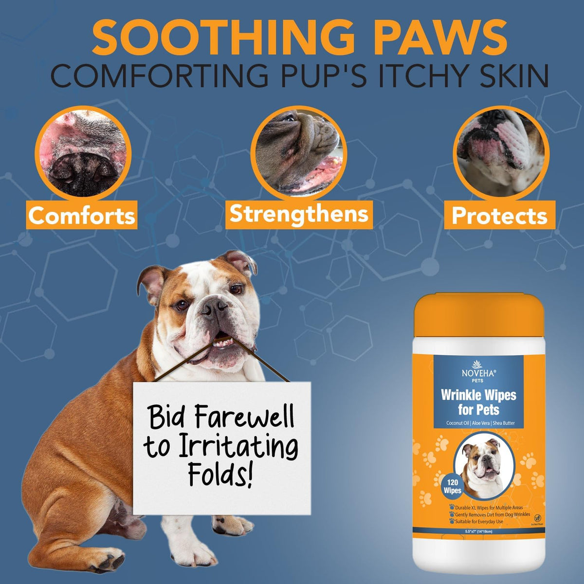 NOVEHA 120PCs - 5”x7” Large Dog Wipes | Wipes for Bulldog, French Bulldog, Pug, English Bulldog | Deodorizing, for Multiple Areas Removes Dirt, Wrinkles, Folds, Tear Stain, Tail Pockets & Paws
