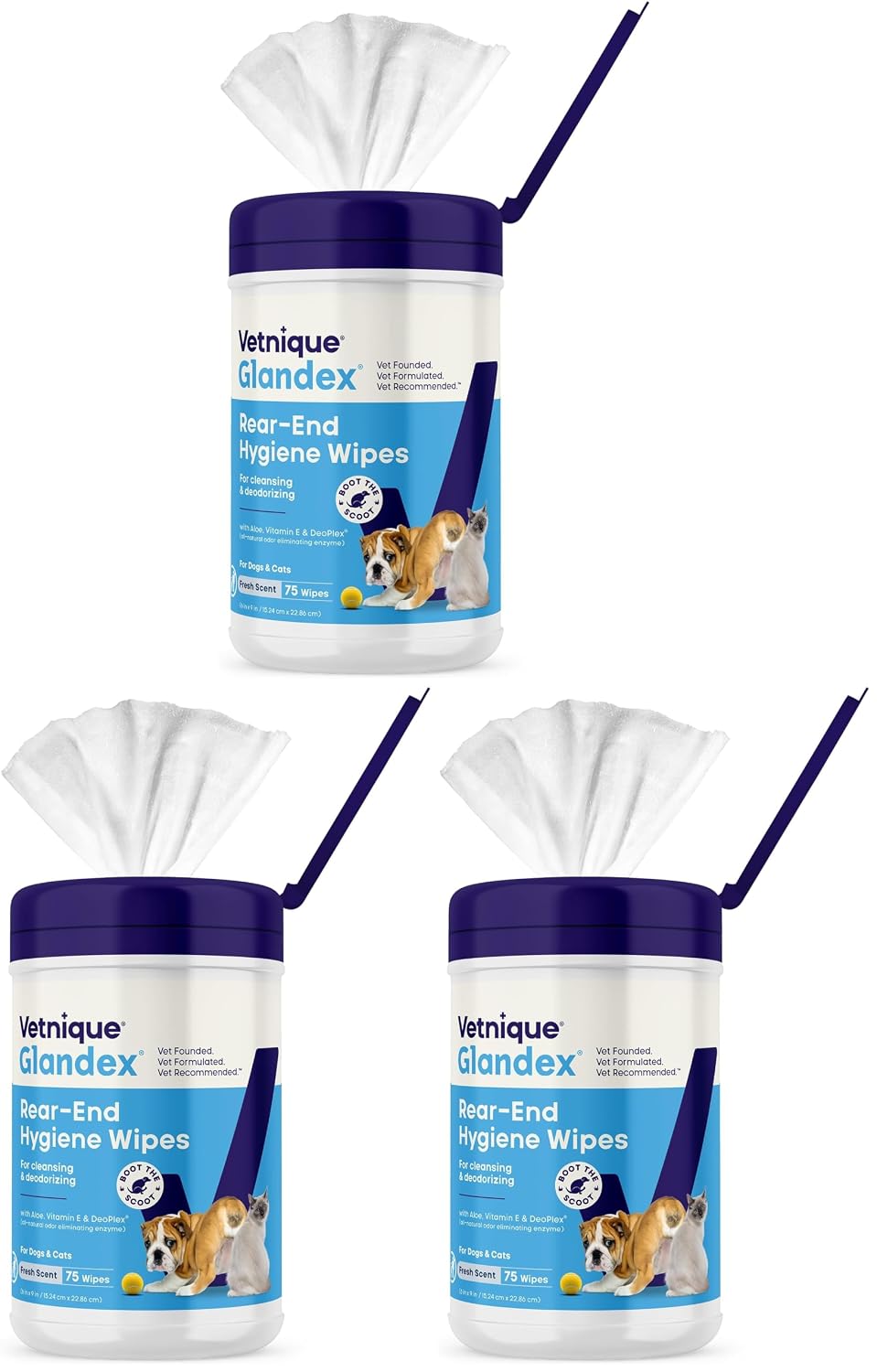 Vetnique Glandex Rear End Wipes for Dogs & Cats, Anal Gland Hygiene & Deodorizing Dog Wipes for Paws and Butt, Boot The Scoot with DeoPlex Enzyme, Aloe & Vitamin E (75ct) (Pack of 3)