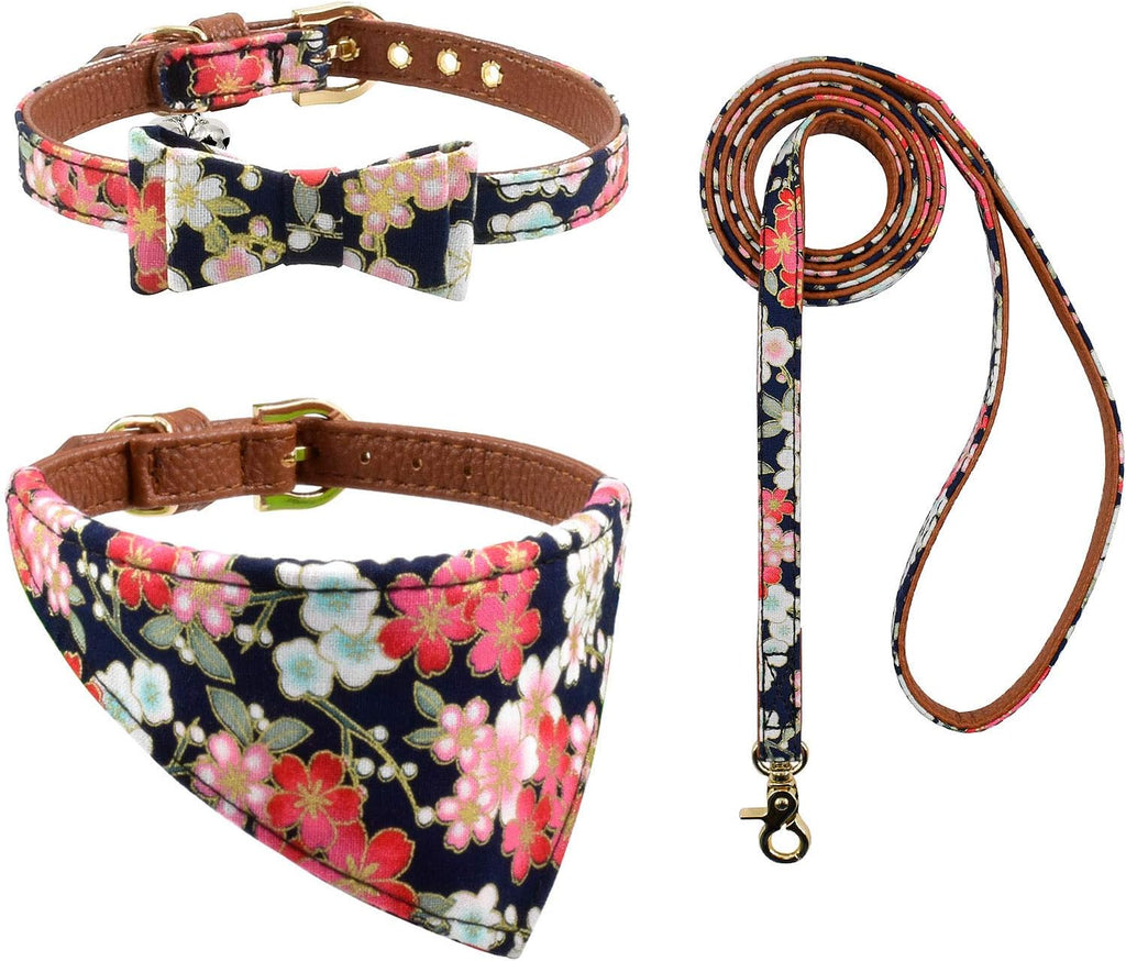 3PCS Bow Tie Dog Collar and Leash Set Plaid/Camo/Dots/Flower Dog Banadanas with Bell 3 Size Adjustable for Small Dogs Puppies and Cats (M, Black Flower)