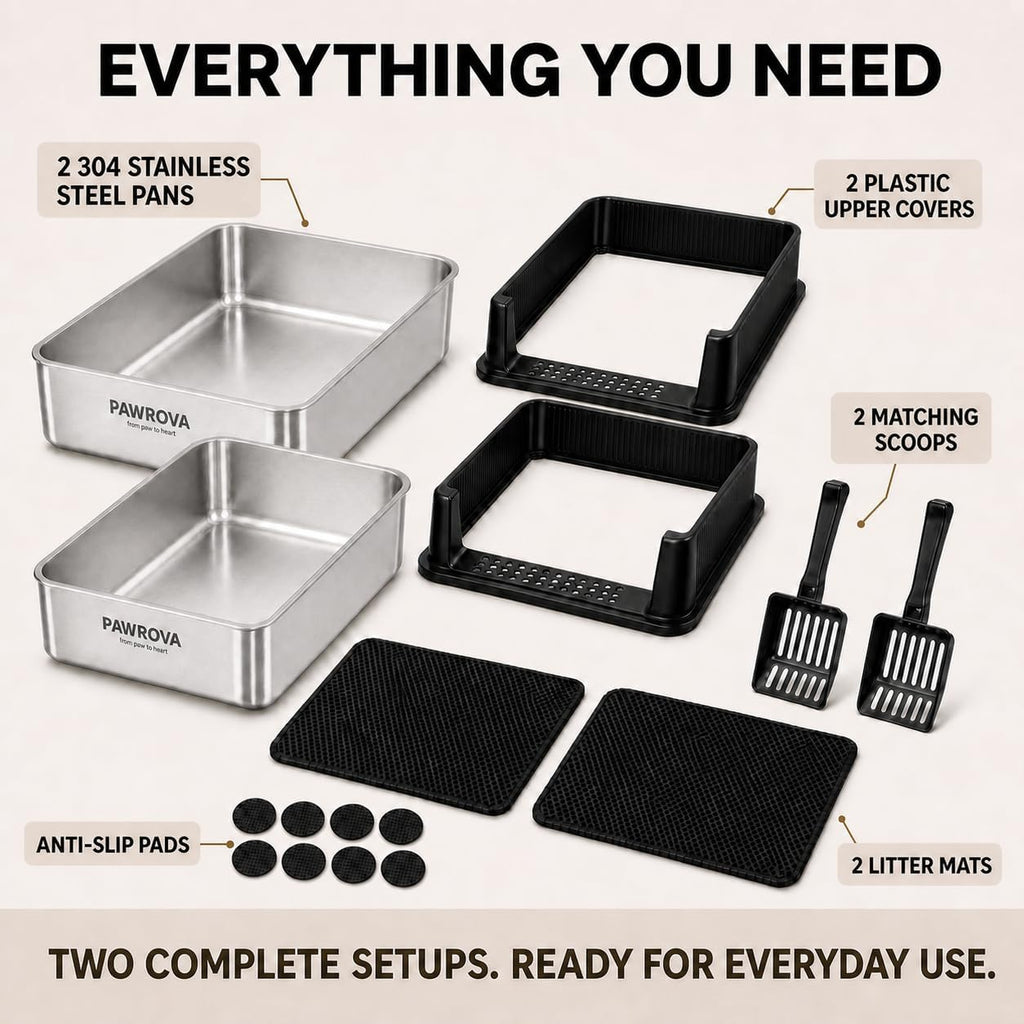 304 Stainless Steel Litter Box 2 Pack, XL Open Top with High Sides