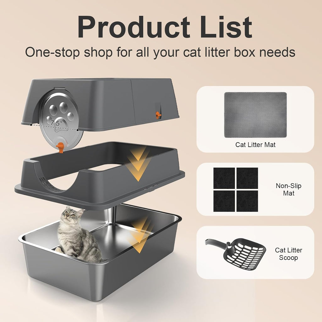 2PACK Stainless Steel Litter Box with Lid, XL Extra Large Litter Box Enclosed Top Entry Metal Litterbox for Big Cats & Multi-Cats, Easy Cleaning Anti Leakage, High Sided with Mat & Scoop, Dark Grey