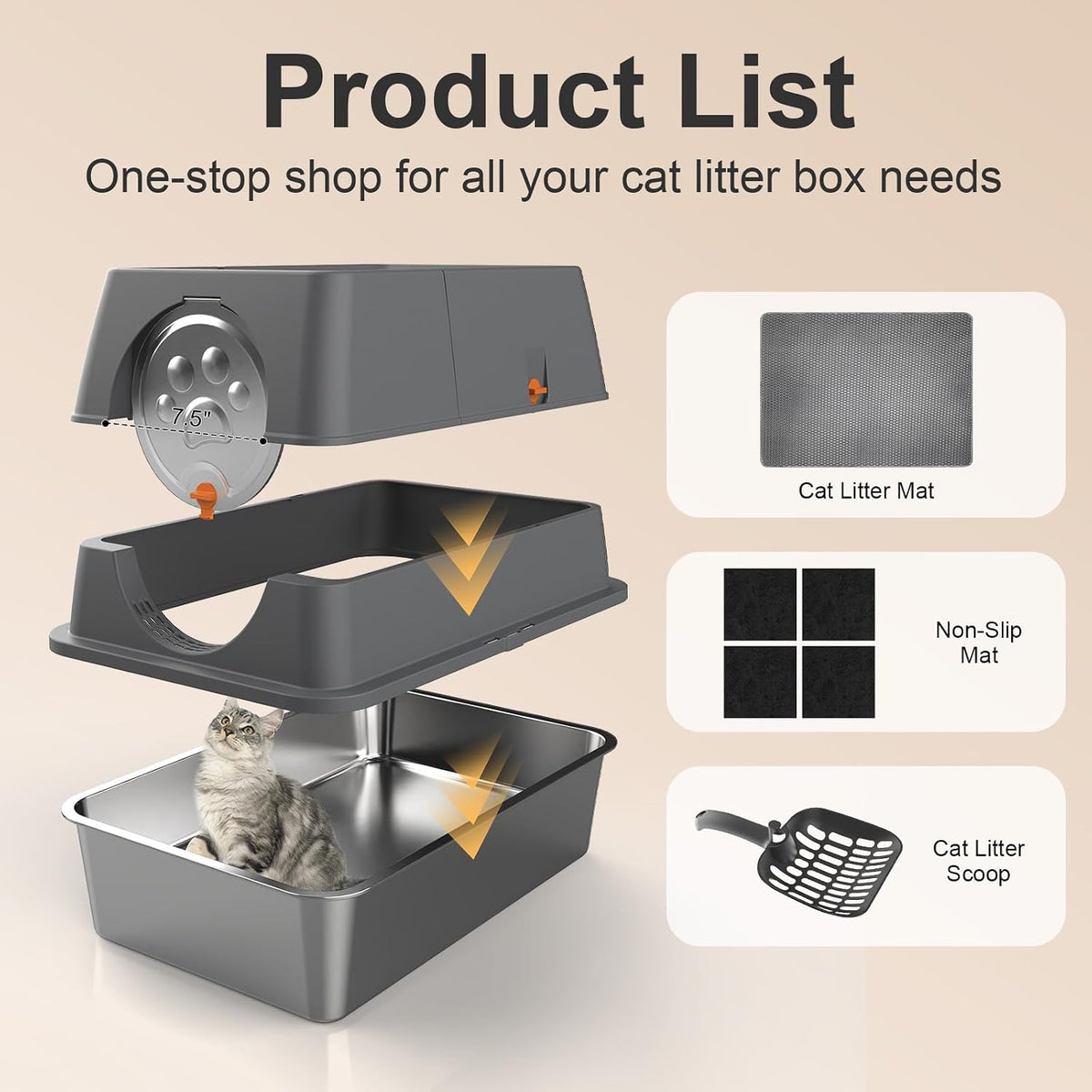 2PACK Stainless Steel Litter Box with Lid, XL Extra Large Litter Box Enclosed Top Entry Metal Litterbox for Big Cats & Multi-Cats, Easy Cleaning Anti Leakage, High Sided with Mat & Scoop, Dark Grey