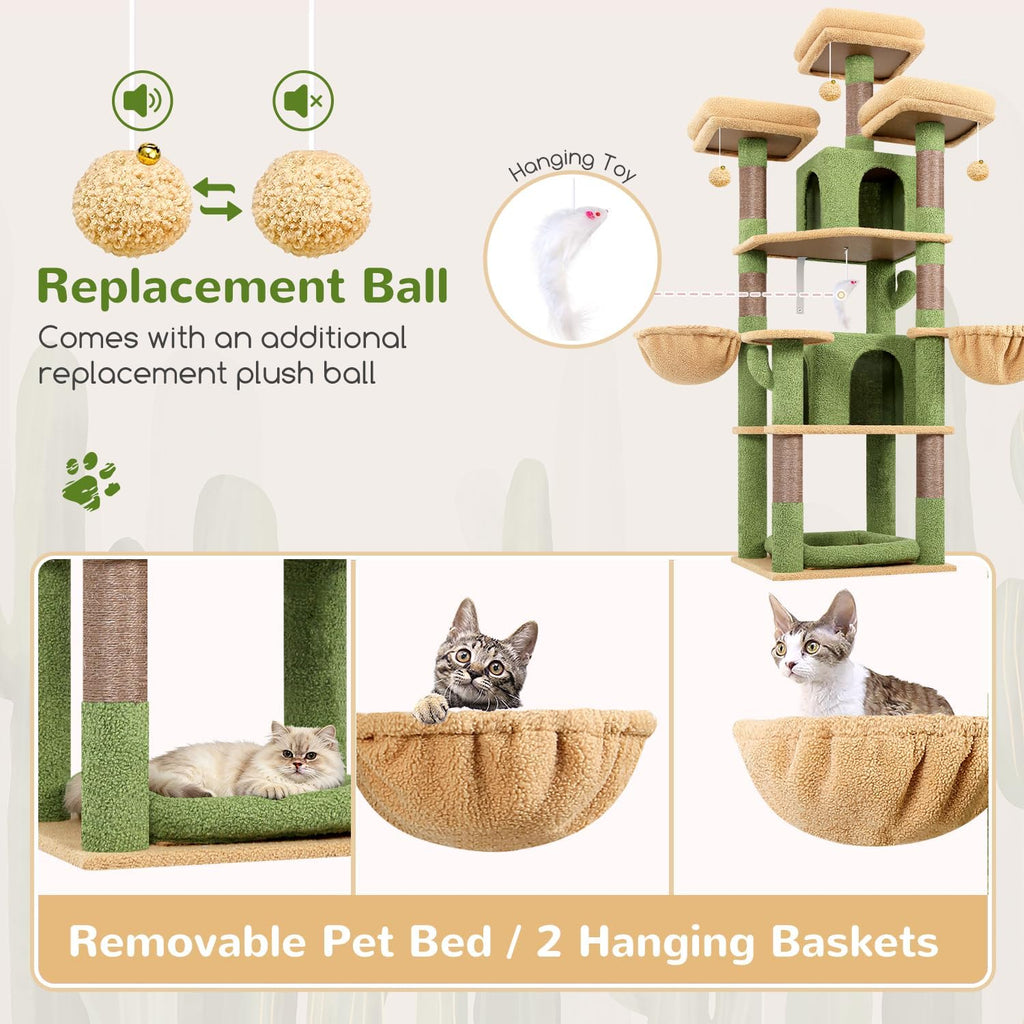 Globlazer Big XL Cactus Cat Tower for Indoor Multiple Cats, F68B, Green