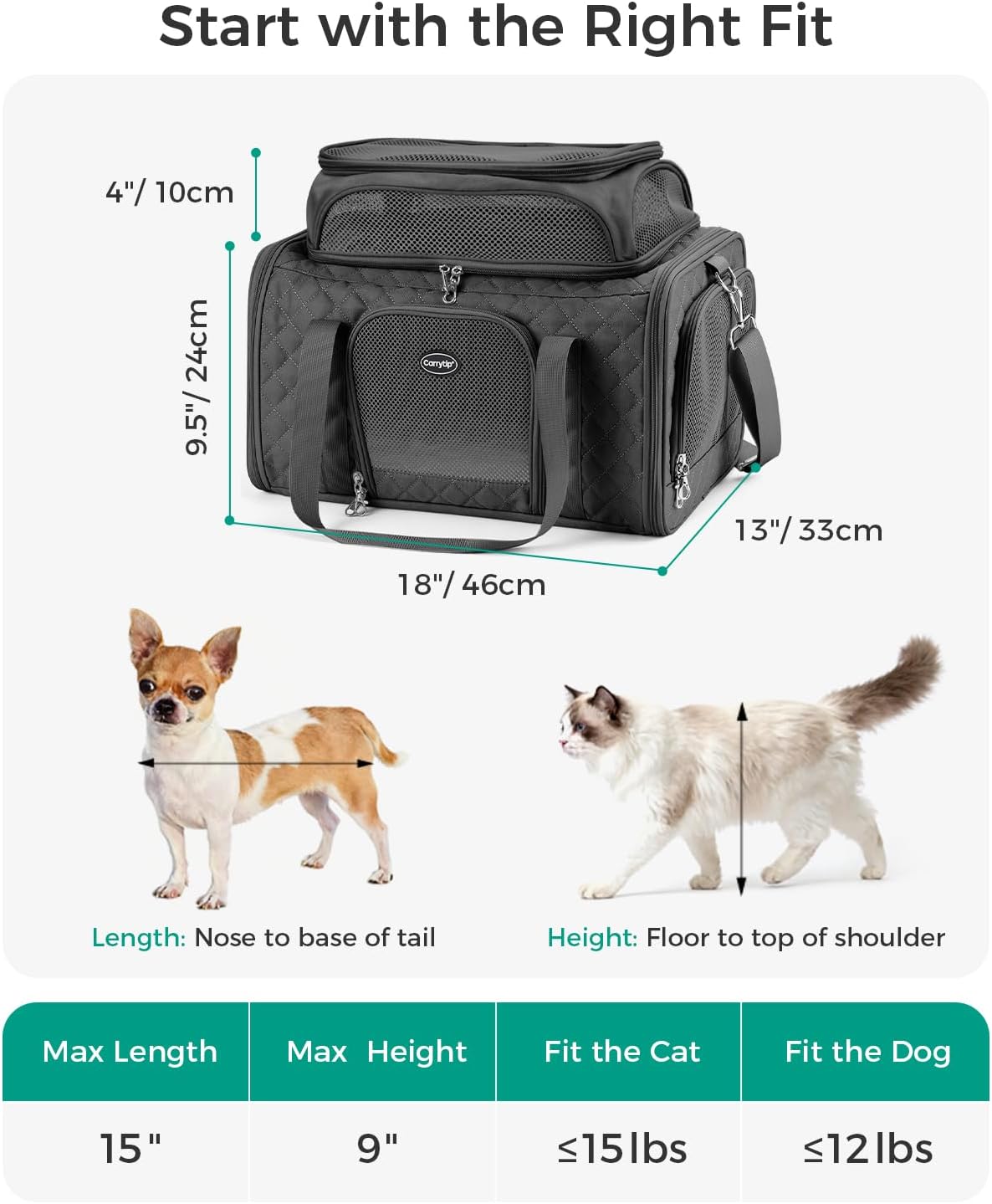 Pet Carrier Airline Approved 18x13x9.5 in, Soft-Sided Top-Expandable, Black