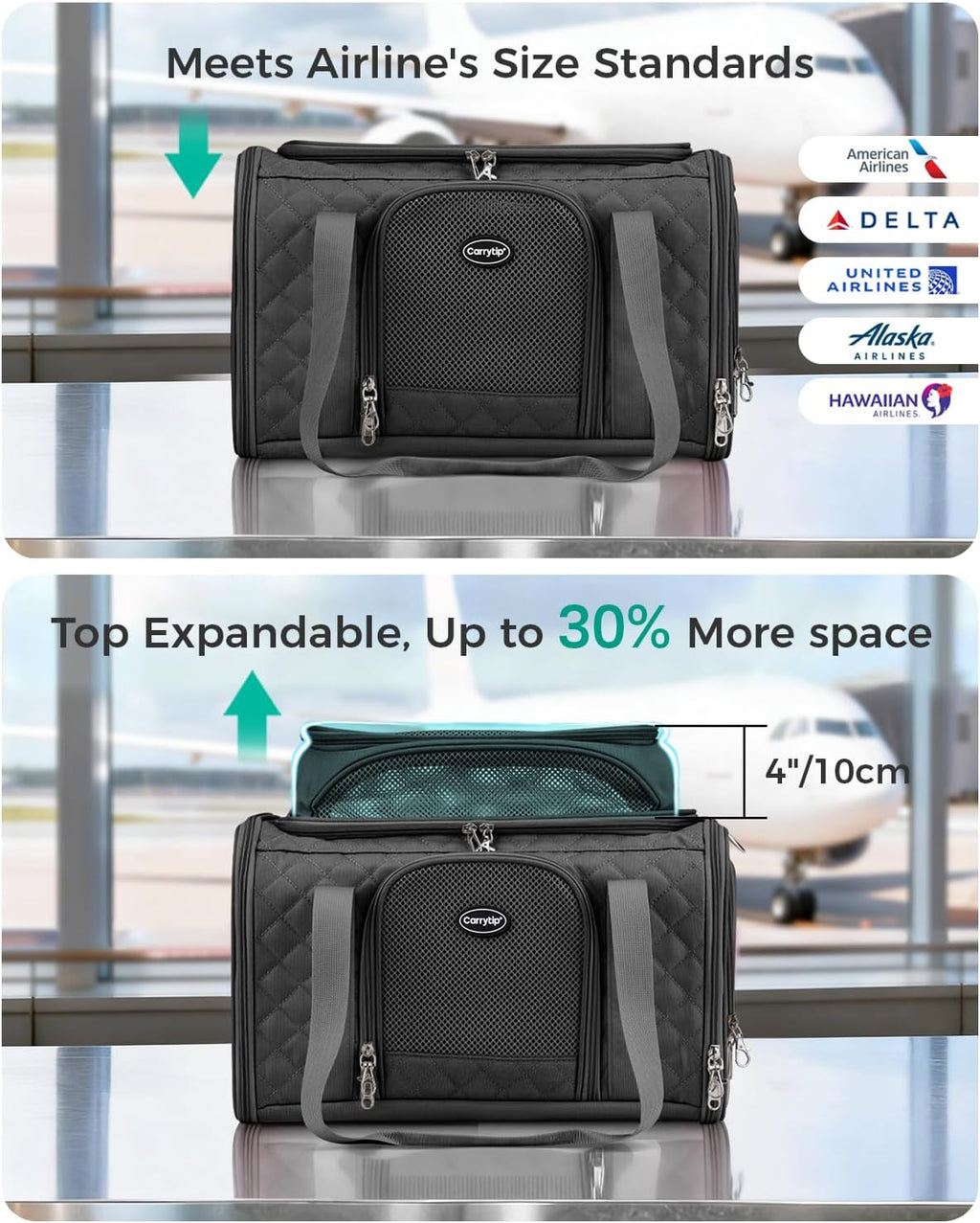 Pet Carrier Airline Approved 18x13x9.5 in, Soft-Sided Top-Expandable, Black