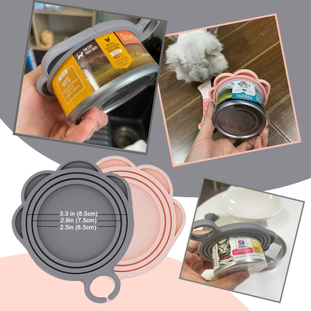 SJANE 4 Pcs Cat Food Spoon & Can Covers | Cute Paw Silicone Pet Food Opener Spatula & Lids | Stainless Steel Wet Food Spoon for Cats and Dogs (Pink+Grey)