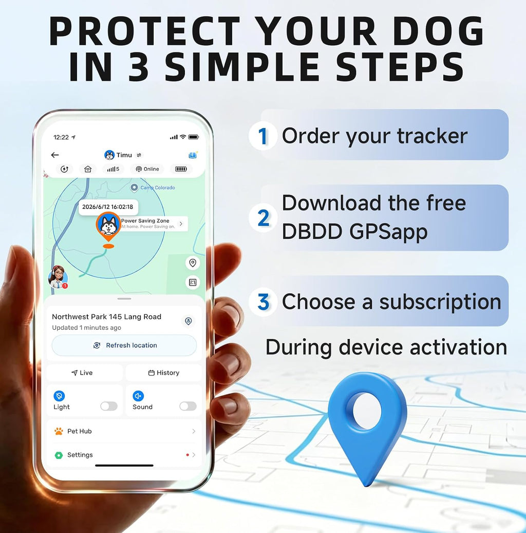 DBDD GPS Dog Trackers, 12 Mon Sub, Real-Time Loc, E-Fence, Health Monitor