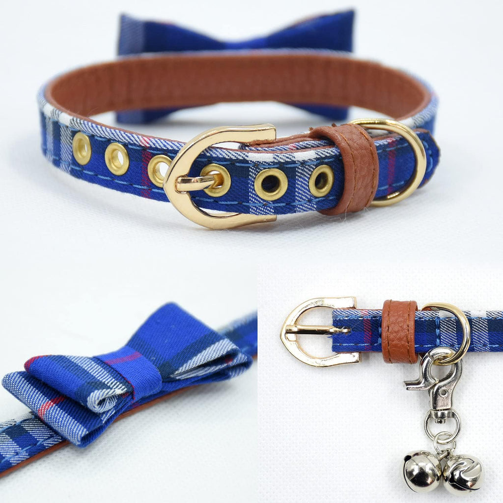 3PCS Bow Tie Dog Collar and Leash Set Plaid/Camo/Dots/Flower Dog Bandanas with Bell 3 Size Adjustable for Small Dogs Puppies and Cats (XS, Blue Plaid 2)