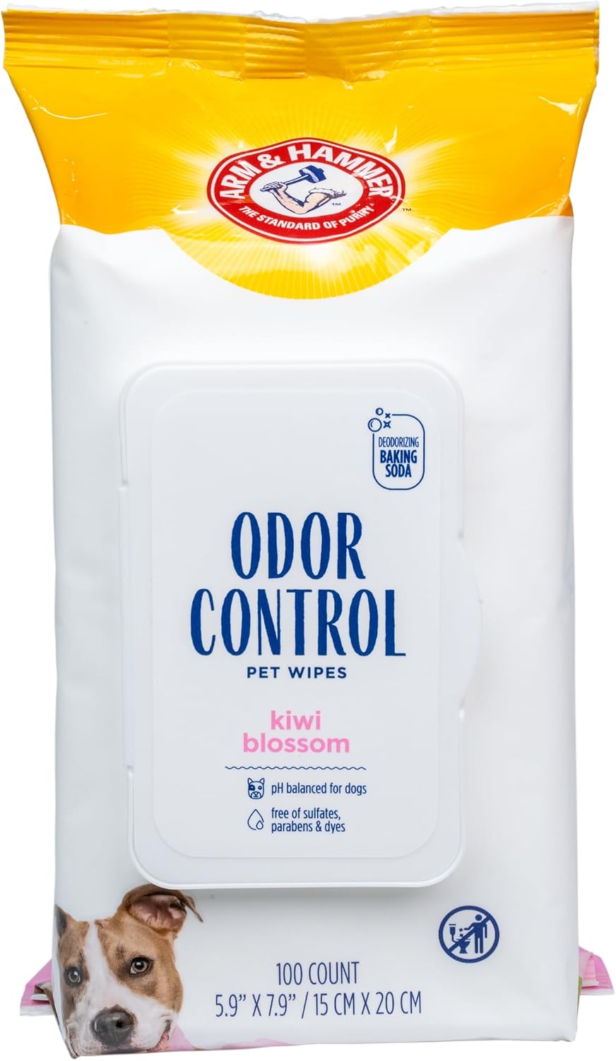 Arm & Hammer Odor Control Dog Wipes, Kiwi Blossom, 100 Count | Baking soda deodorizing formula for gentle everyday cleaning between baths