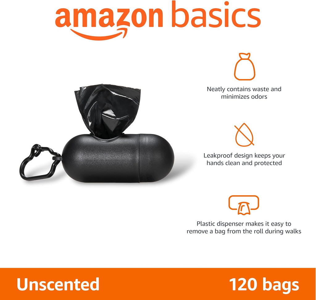 Amazon Basics Dog Poop Bags, 120 Count, Enhanced for Guaranteed Leakproof, Unscented, Black