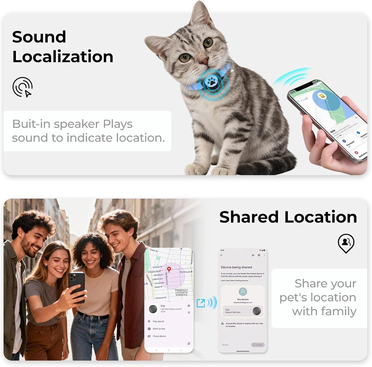 GPS Cat Tracker Collar with Finder Tag, Bluetooth Pet Location Blue 1Pack