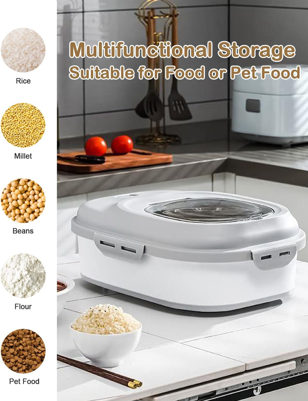 20-50 Lbs Airtight Food Storage Container Wheels,Collapsible Rice Container | Flour Storage Container with Double Airtight Seal,Rice Storage Container with Magnetic Lid,Keep Fresh for Pet Food,Rice,Flour