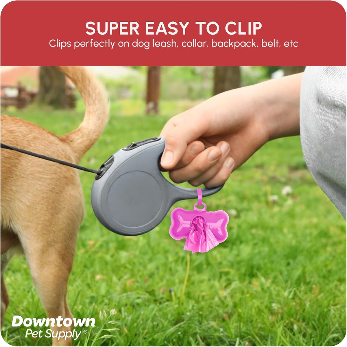 Downtown Pet Supply Poop Bags for Dogs with Dispenser, 180 Count - Leak-Proof Dog Waste Bags and Bone-Shaped Dog Poop Bags Holder for Leash - Pink, 12.5" x 8.5"