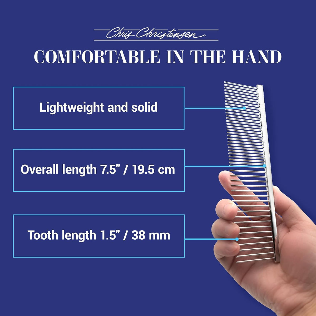 Chris Christensen 005 7.5 inch Fine/Coarse Long Tooth Greyhound-Style Butter Comb, Groom Like a Professional, Rounded Corners Prevent Friction and Breakage, Solid Brass Spin with Steel Teeth, Chrome 