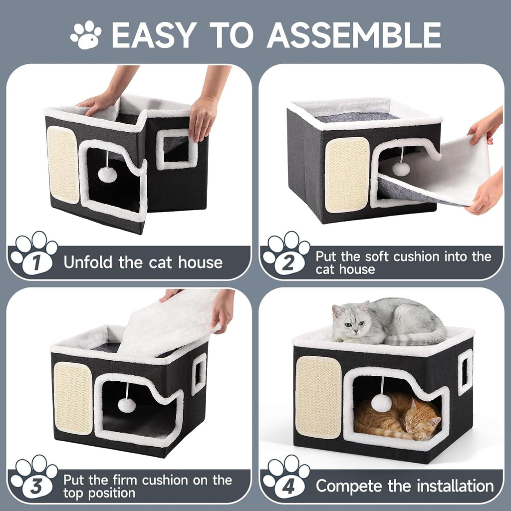 Shikha Cat Bed House for Indoor Cats with Fluffy Ball and Scratch Pad Black