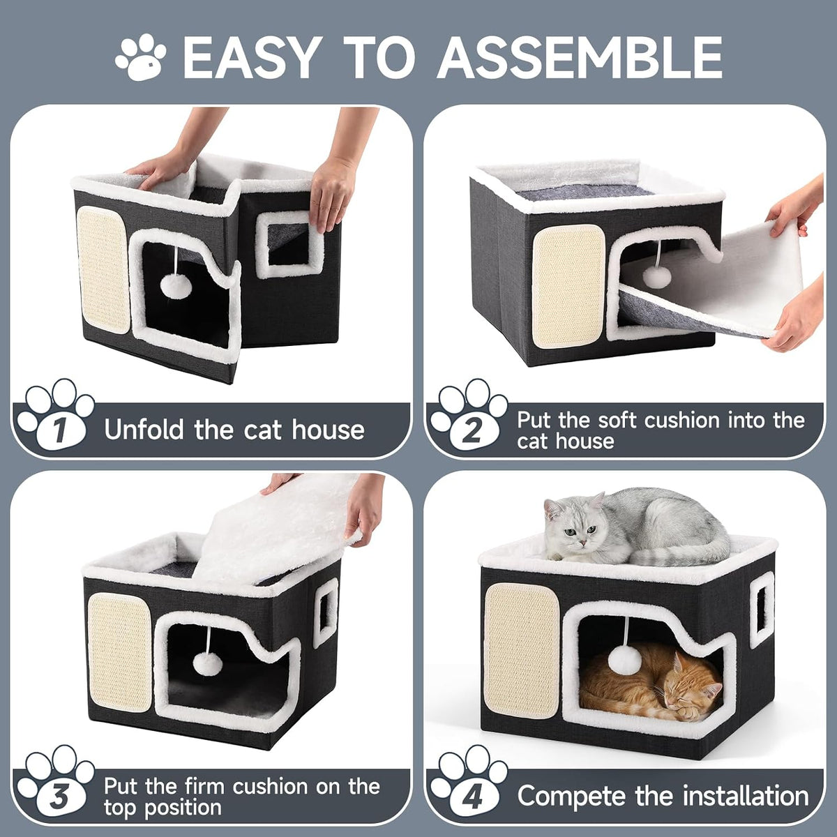 Shikha Cat Bed House for Indoor Cats with Fluffy Ball and Scratch Pad Black