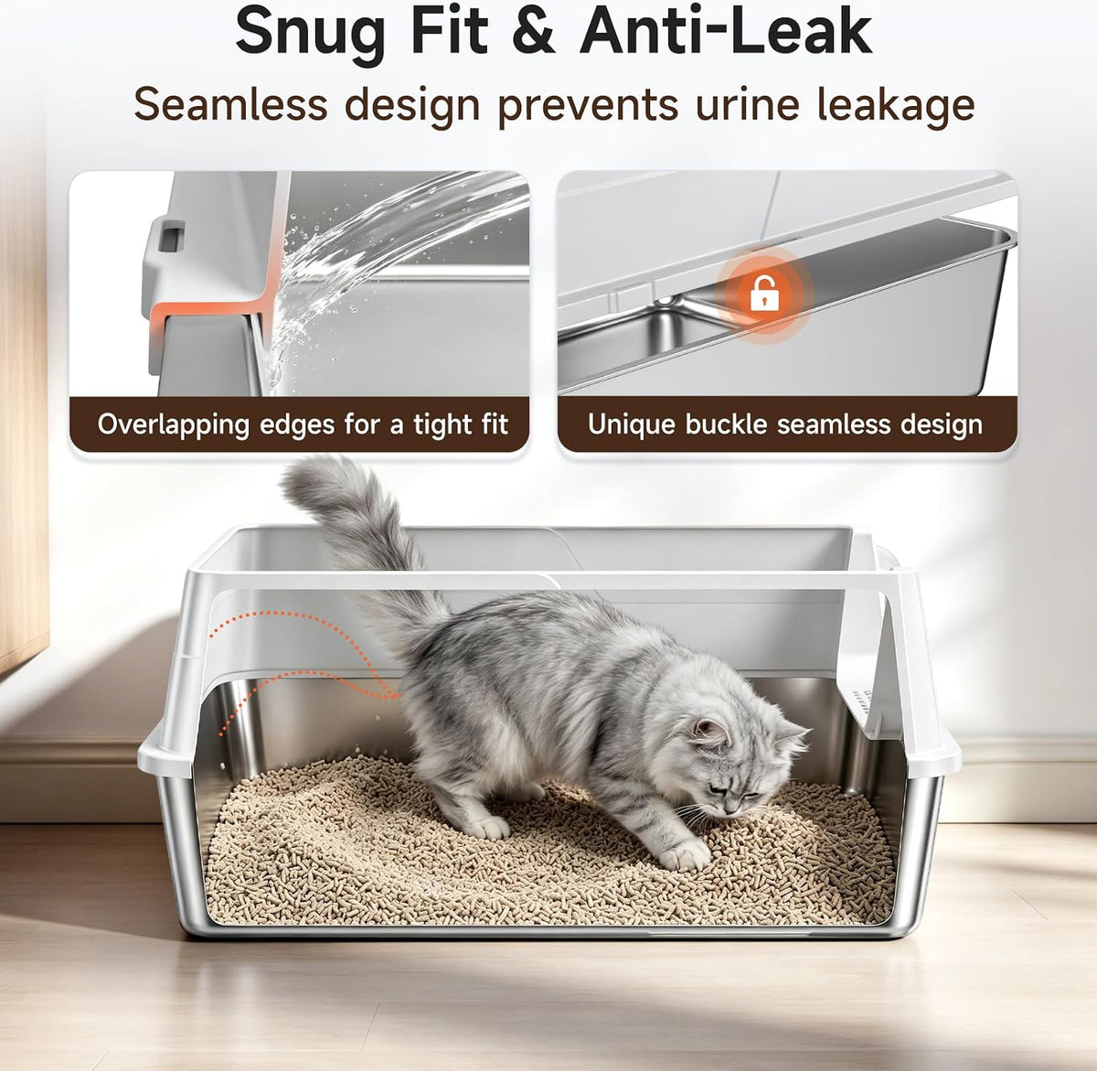 XXL Stainless Steel Cat Litter Box with High Guard Anti-Leak Scoop, Gray