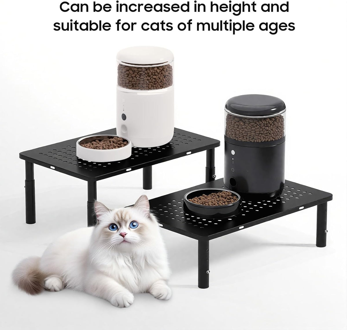 W‌SOWX Adjustable Automatic Cat Feeder Stand, Elevated Cat Food Stand,Black
