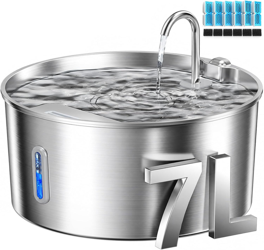 Pektaco Stainless Steel Dog Water Fountain for Large Dogs, 7L, 6 Filters