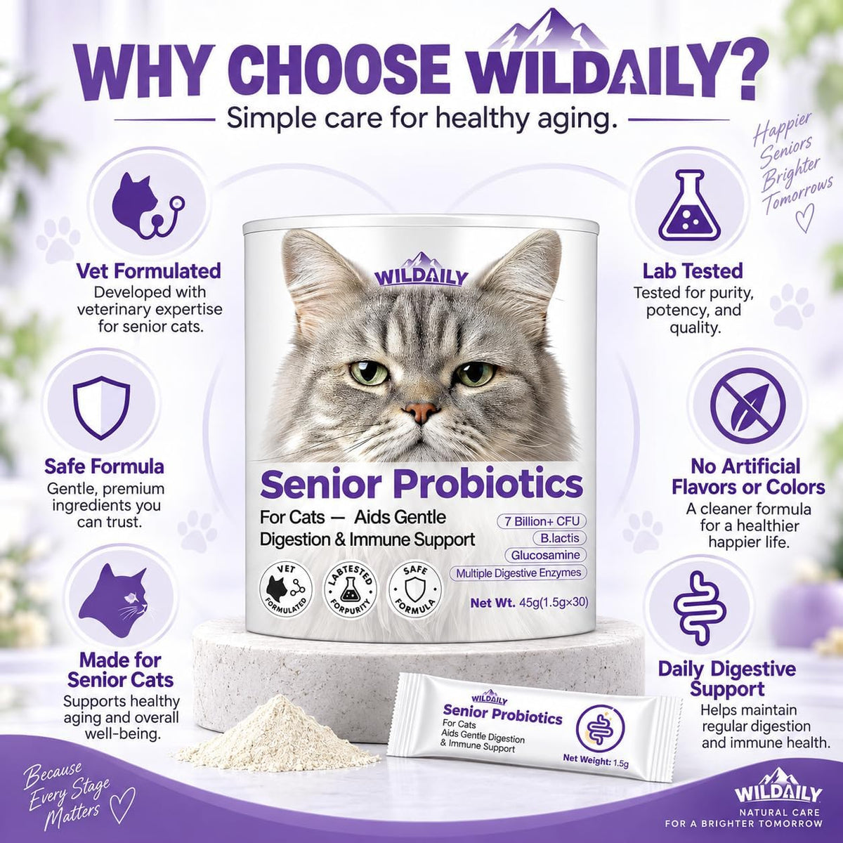 Probiotics for Cats with Prebiotics, 7 Billion CFU Digestive & Gut Health Support for Senior Cats, Daily Probiotic Powder for Older Cats, 30 Stick Packs