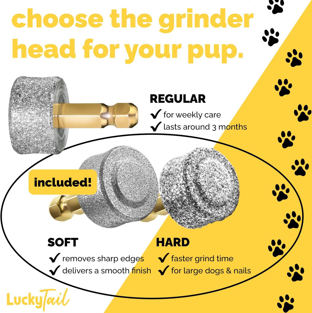 Dog Nail Grinder - Hard & Soft Replacement Heads - Small & Large Dogs - Premium Quality - Diamond Tip Drill Bit - Professional Dog Nail Trimmers - Grooming Tool kit - 2 Pack 