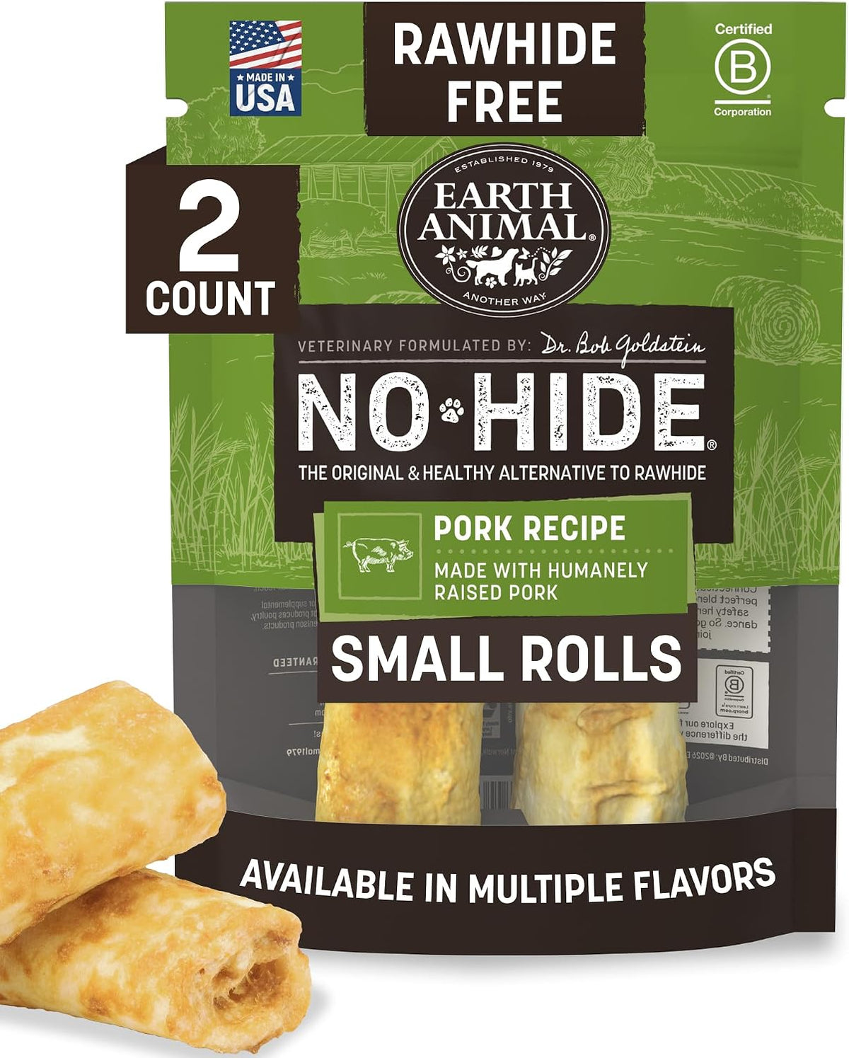 Earth Animal No Hide Dog Chews - Rawhide Free Small Rolls 2 Count Pork