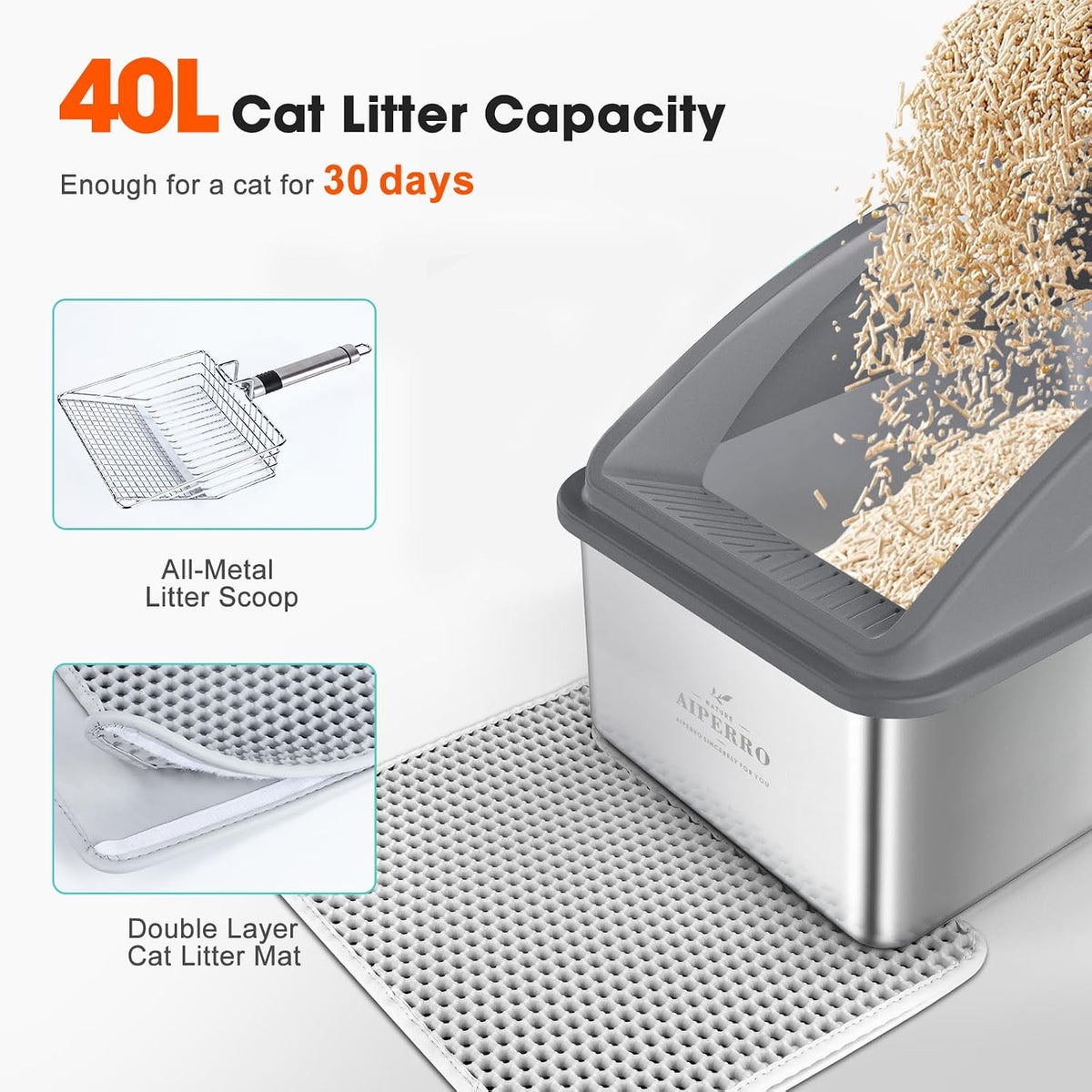 AIPERRO Stainless Steel Litter Box | XXL Deepened 8" Design Metal Cat Box | High Sided with Lid for Big Cats | Anti-Urine Leakage | Non-Stick Bottom & Easy to Clean | Includes Litter Mat & Metal Scoop