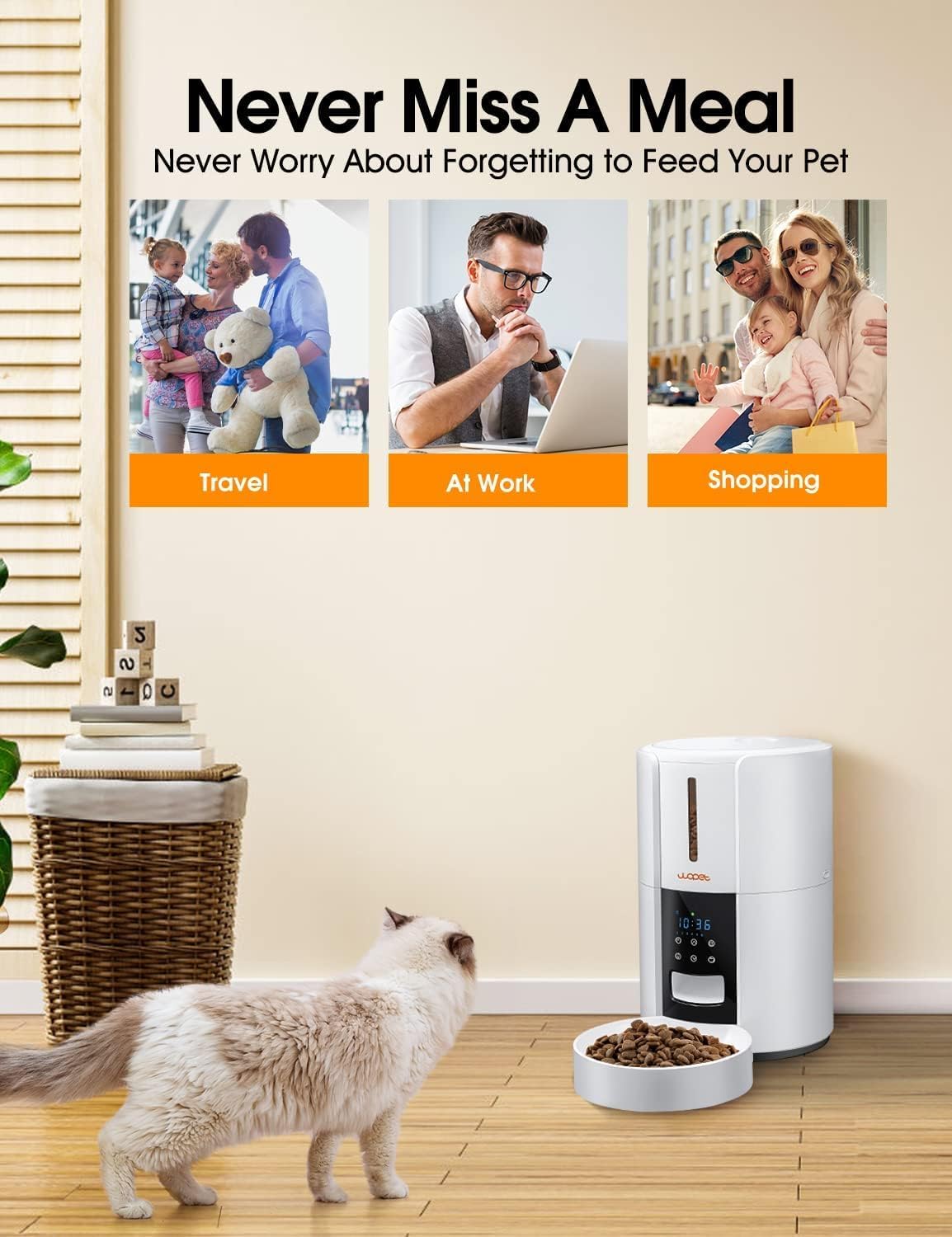 WOPET Automatic Cat Feeder, 3L Pet Dry Food Dispenser, Timed Portion Control with 6 Meals, Voice Recorder, Battery Backup