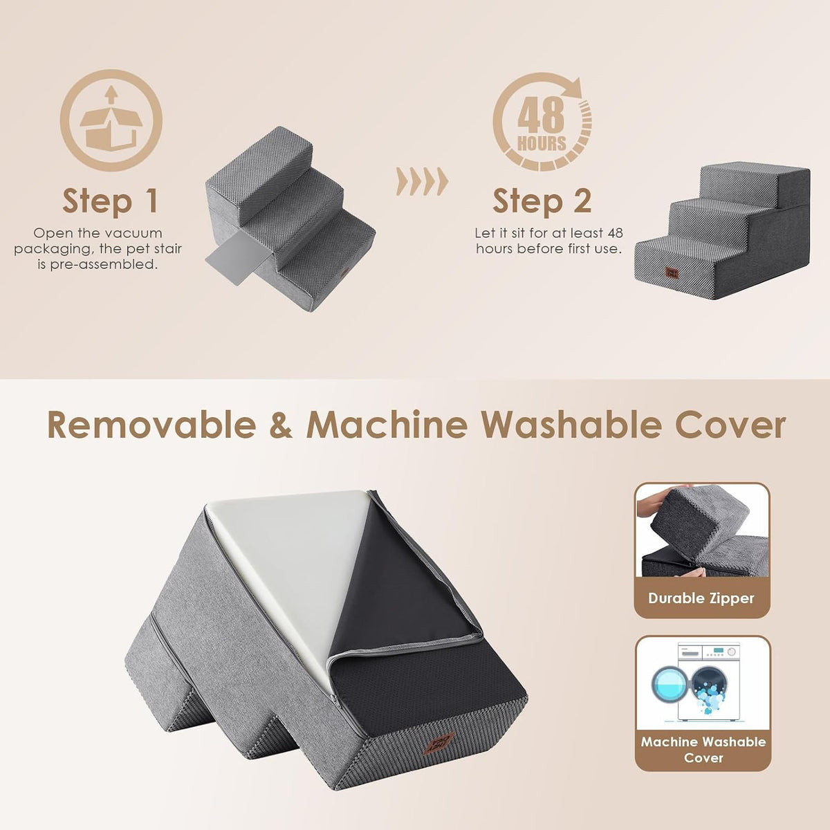 EHEYCIGA Dog Stairs for Small Dogs 16.5" H, 3-Step Extra Wide Ramp, Grey