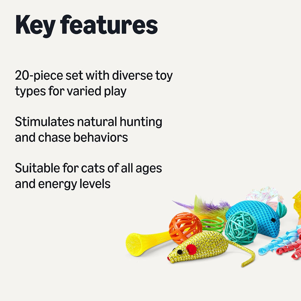 Amazon Basics Cat Toy Set, 20 Piece Variety Pack with Teaser, Ball, Feather, Spring