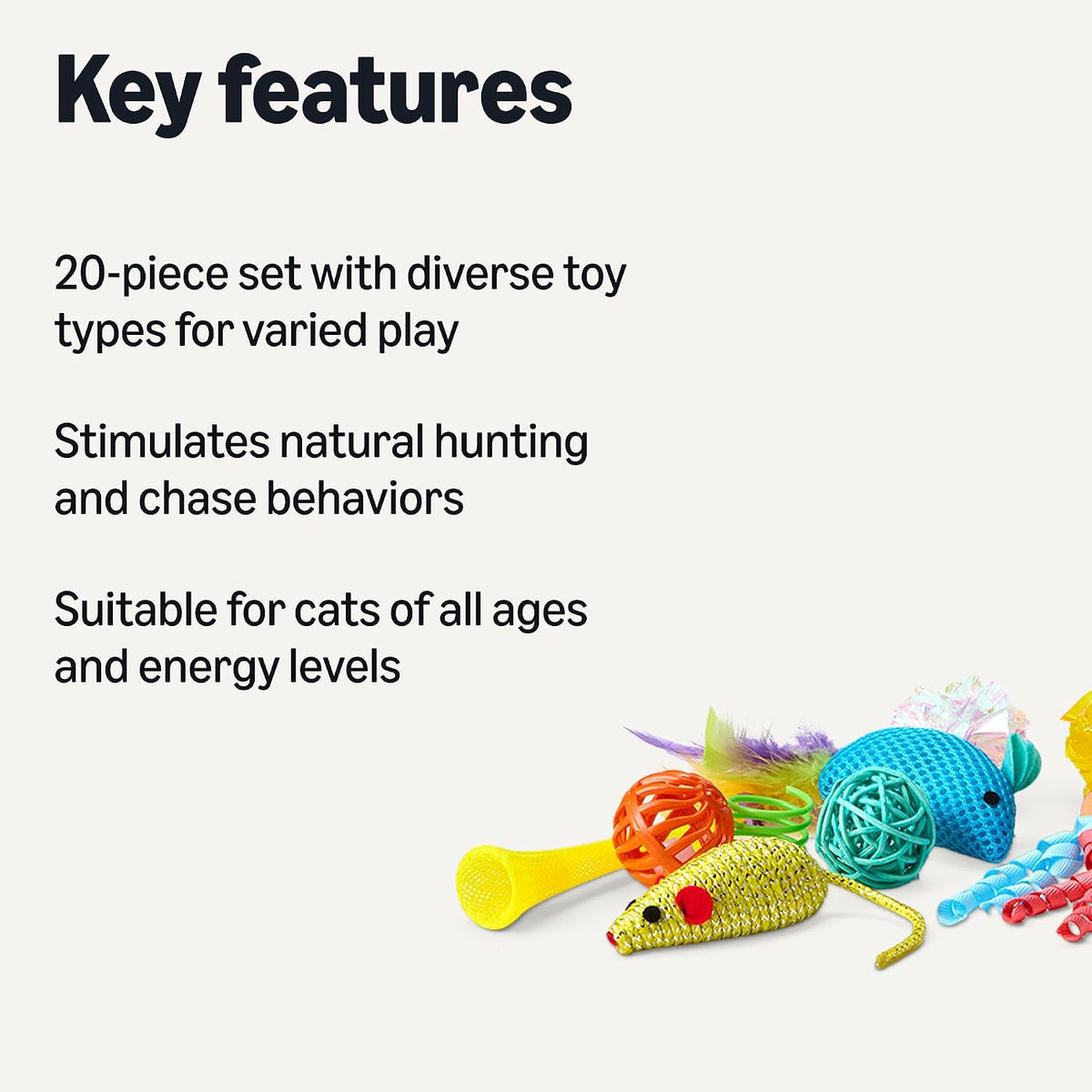 Amazon Basics Cat Toy Set, 20 Piece Variety Pack with Teaser, Ball, Feather, Spring