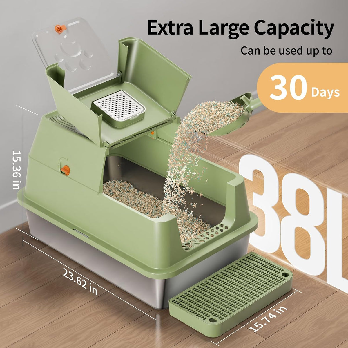 Stainless Steel Cat Litter Box with Lid, Flip-Top XL Large, Green