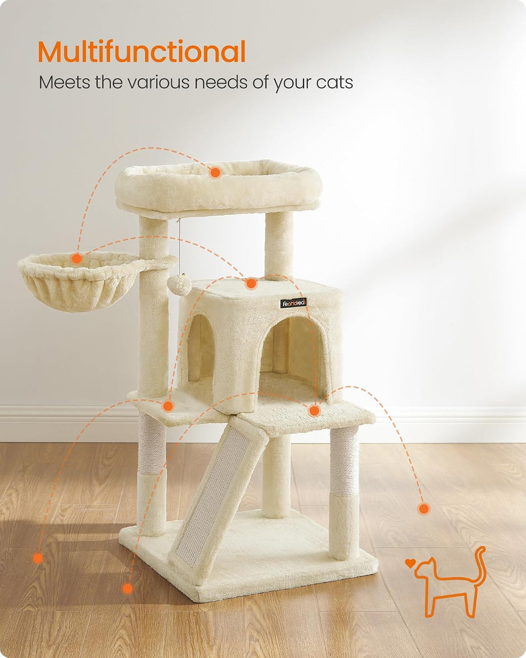 Feandrea Cat Tree, 37.8-Inch Tall Cat Tower, Multi-Level Condo, Beige