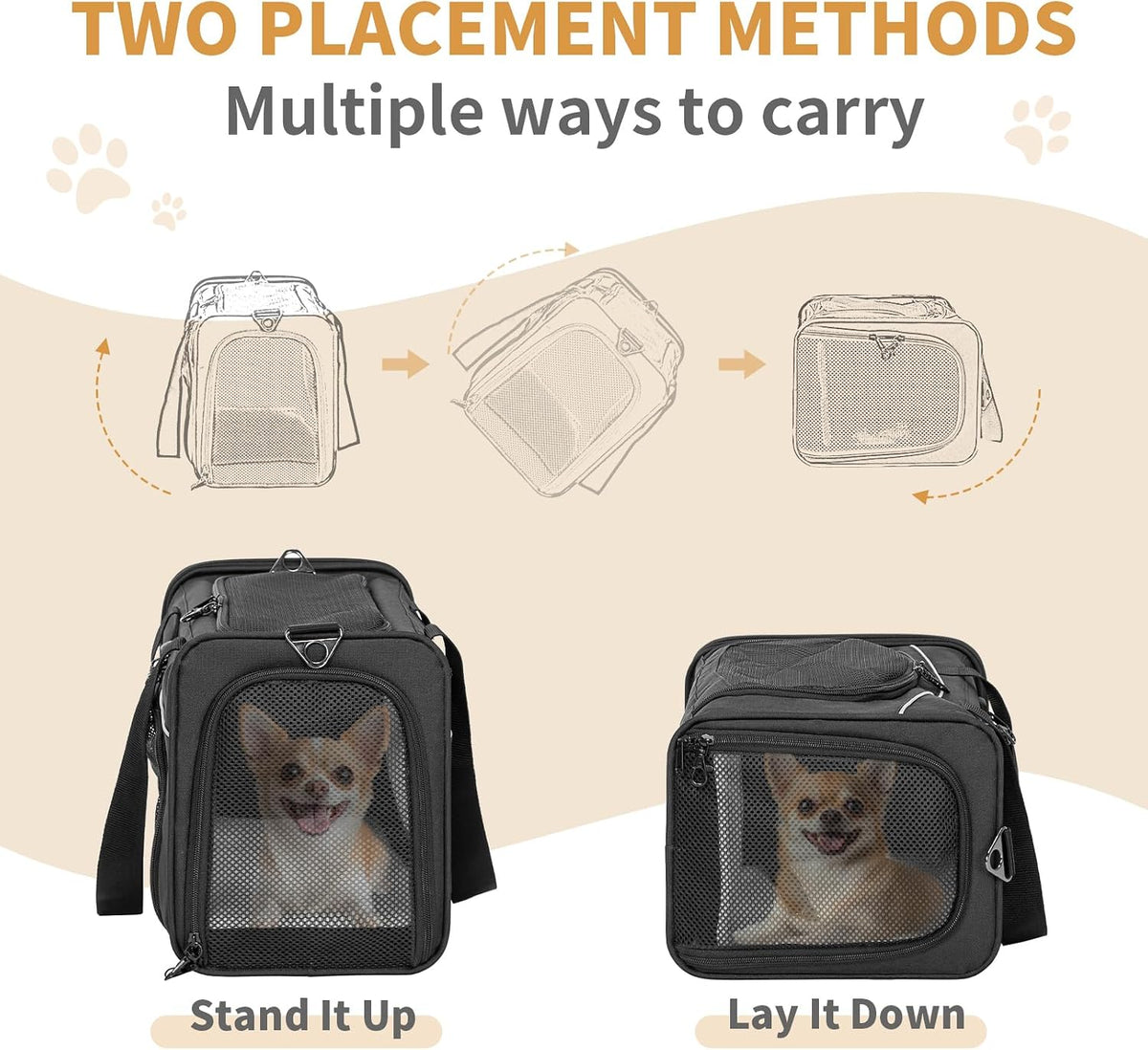 ‌Petsfit Airline Approved Pet Carrier for Small Dogs & Cats, 19x9x12 TSA Approved Carrier, with Removable Dual-Sided Padding (2-Way Placement) - Fits Under Most Airplane Seats, Escape Proof (Black)