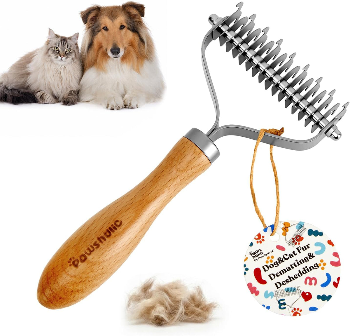 Undercoat Rake for Dogs - Professional Pet Shedding Dematting Comb with Wood Handle, Stainless Steel Blades for Pet Cats Dogs Matted Hair Tangles Removing