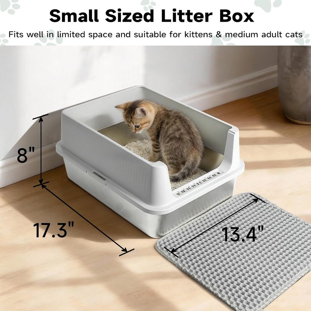 TENTIZON Stainless Steel Cat Litter Box for Kittens and Medium Cats, Open Top Metal Kitty Small Litter Box with High Sides Lid, Litter Mat, Scoop, No Odor, No Mess, Leak Proof, Easy Clean